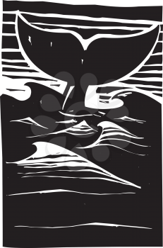 Expressionist woodcut style Whale tale or fluke rising above dark waves on the ocean.