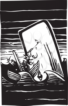 Woodcut expressionist style image of a whale destroying a whaling boat.