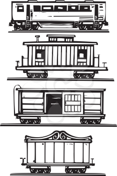 Woodcut style images of railroad passenger, circus, boxcars and caboose.