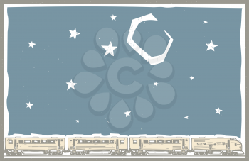 Woodcut style image poster image of a diesel locomotive train with a passenger cars under a night sky.