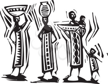 Traditional African textile design with women carrying baskets.