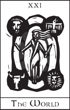 Woodcut expressionist style image of the Tarot Card for the World