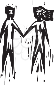Woodcut expressionist style of a man and a woman holding hands.
