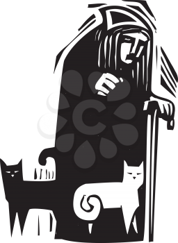 Woodcut style image of an old woman with black and white cats