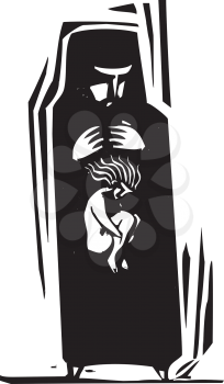 Woodcut style Woman in Islamic hijab and the person inside her.