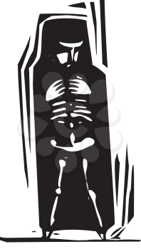 Woodcut style person with her skeleton visible