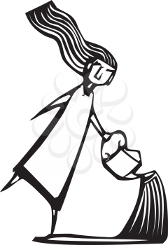 Woodcut style image of a girl sprinkling water from a watering can.