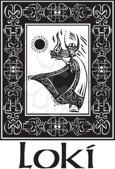 Woodcut style image of the Viking God Loki in a Celtic border.