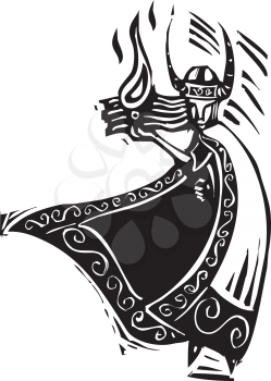 Woodcut style image of the Viking God Loki