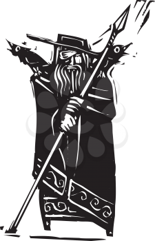Woodcut style image of the Viking God Odin
