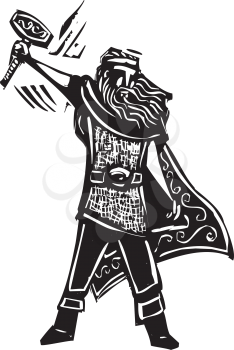 Woodcut style image of the Viking God Thor