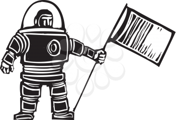 Woodcut style retro astronaut with a flag