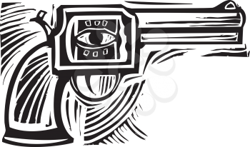 Woodcut style image of a pistol with an eye on the side.
