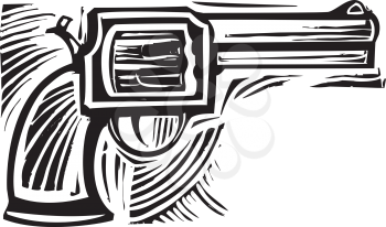 Woodcut style image of a pistol revolver.