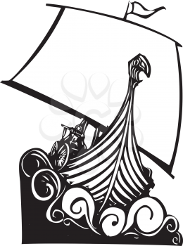 Woodcut style image of a viking longship sailing into the waves.