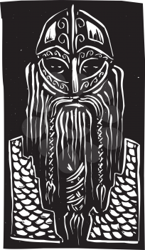 Woodcut style image of a bearded viking man in armor.