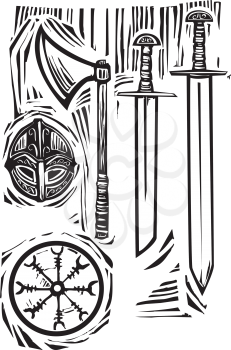 Woodcut style image of viking weapons and armor.