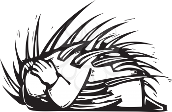 Woodcut expressionist style image of a man cowering on the ground with spines coming out of him.