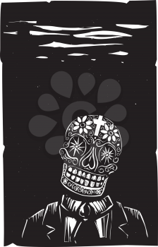 Woodcut style Mexican Day of the Dead skeleton in a business suit.