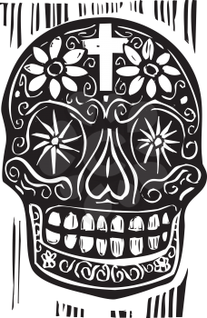 Woodcut style Mexican day of the dead skull.