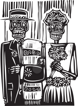 woodcut style Mexican day of the dead wedding image with groom and bride.