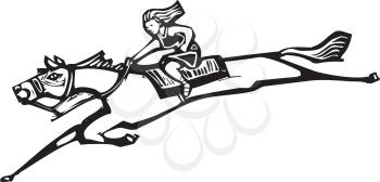 Woodcut style image of a girl riding a horse.