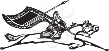 Woodcut style image of a Norse Valkyrie riding a horse waving a spear.