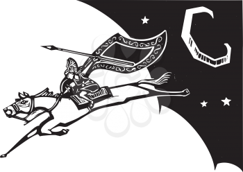 Woodcut style image of a Norse Valkyrie riding a horse and flying in the sky.