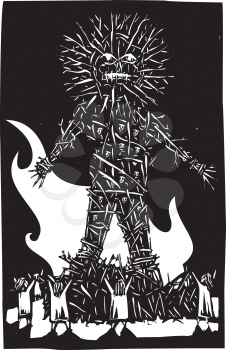 Woocut style expressionist image of pagan Celtic wicker man bonfire and sacrifice.