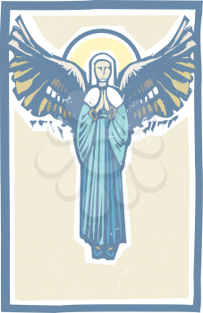 Woodcut style image of the Virgin Mary with angel wings.