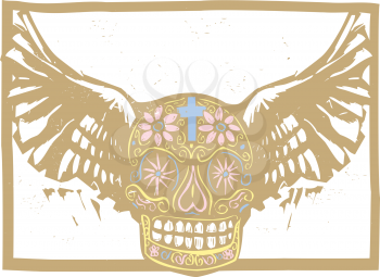 Woodcut style image of a Mexican Day of the Dead skull with wings.