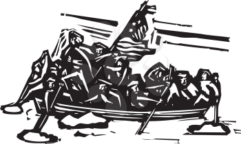 Woodcut style representation of George Washington crossing the Delaware river.