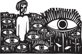 Woodcut style expressionist image of a boy standing in a field of watching eyes.