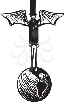 Woodcut style Victorian dressed demon with wings and a top hat standing on the earth.