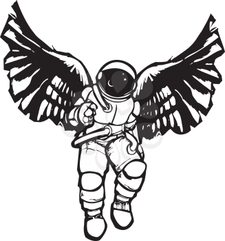 Woodcut style image of an astronaut's space suit with angel wings.