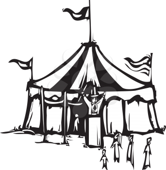 Woodcut expressionist style image of a carnival circus tent.