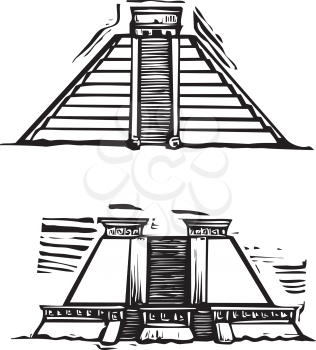 Woodcut style image of the Mayan Pyramids at El Tajin and Chichen Itza in Mexico.