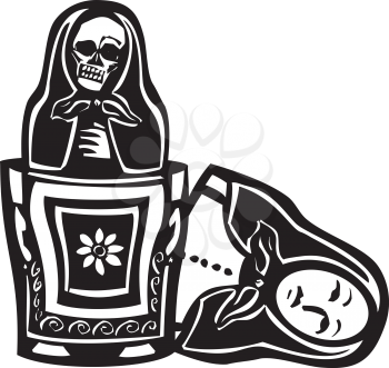 woodcut style image of a Russian nested doll with a skeleton doll inside.