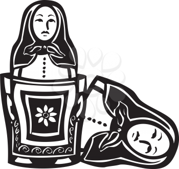 woodcut style image of a Russian nested doll with another doll inside.