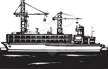 Royalty Free Clipart Image of a Woodcut Style of a Ship and Cranes