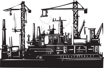 Royalty Free Clipart Image of Woodcut Style of an Oil Port and Cranes