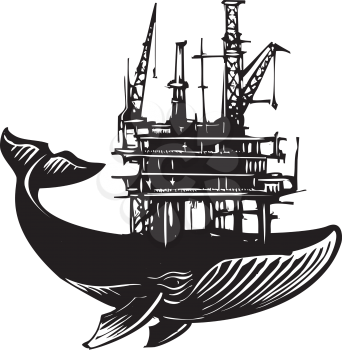 Royalty Free Clipart Image of Woodcut Style of an Oil Rig and Whale