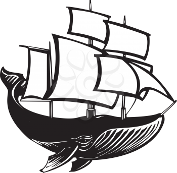 Royalty Free Clipart Image of Woodcut Style of a Whale With Sails