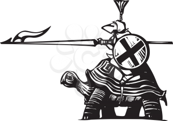Royalty Free Clipart Image of Woodcut Style of a Knight Riding a Turtle