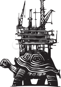 Royalty Free Clipart Image of a Turtle With an Oil Rig