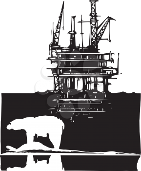 Royalty Free Clipart Image of Woodcut Style of a Polar Bear and Oil Rig
