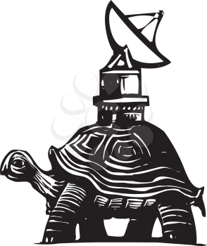 Royalty Free Clipart Image of a Turtle With a Satellite Dish on Its Back