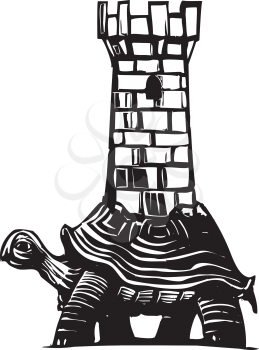 Royalty Free Clipart Image of a Turtle With a Tower on Its Back