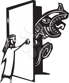 Royalty Free Clipart Image of a Girl Opening a Door to a Monster