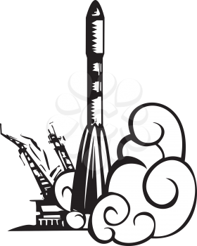 Royalty Free Clipart Image of a Rocket Lifting Off a Launch Pad